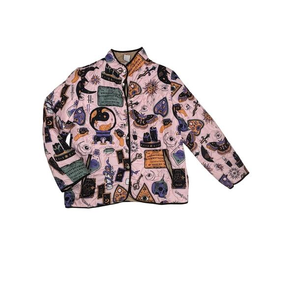 Pink Puffer Jacket with Occult and Mystical Prints - Size XL - Picture 3 of 4